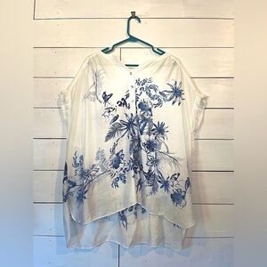 Plus Size Lightweight Tropical White and Blue Blouse